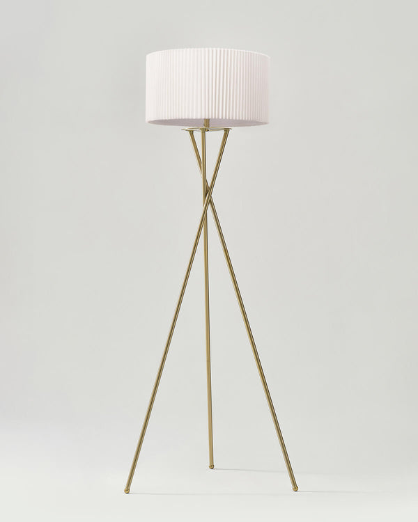 Crossed-Base Tripod Floor Lamp — Crossed brass-finish tripod base with pleated drum shade and LED source