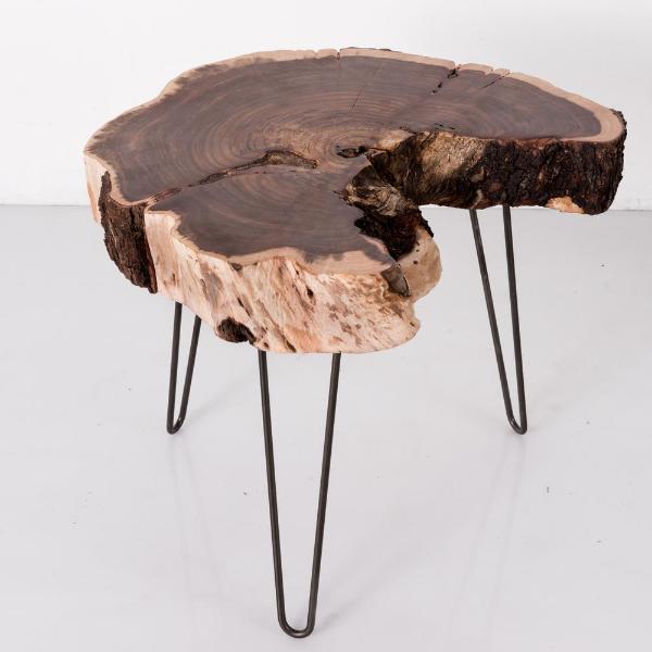 Live-Edge Acacia Slice Side Table — Live-edge acacia slice top on powder-coated hairpin steel legs