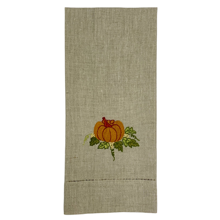Embroidered Pumpkin Linen Tea Towel