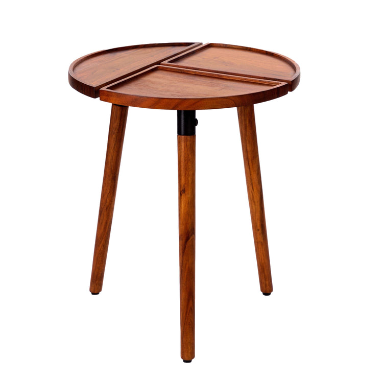 Sectioned Acacia Round Side Table styled with ceramics and a linen runner