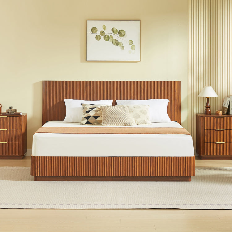 Fluted Walnut-Finish King Bed Frame