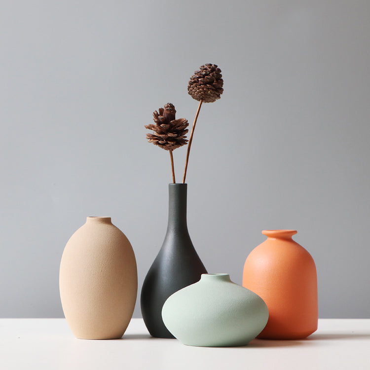 Matte Ceramic Sculptural Vase — Sand-textured matte ceramic vases in four forms and four earthy colorways