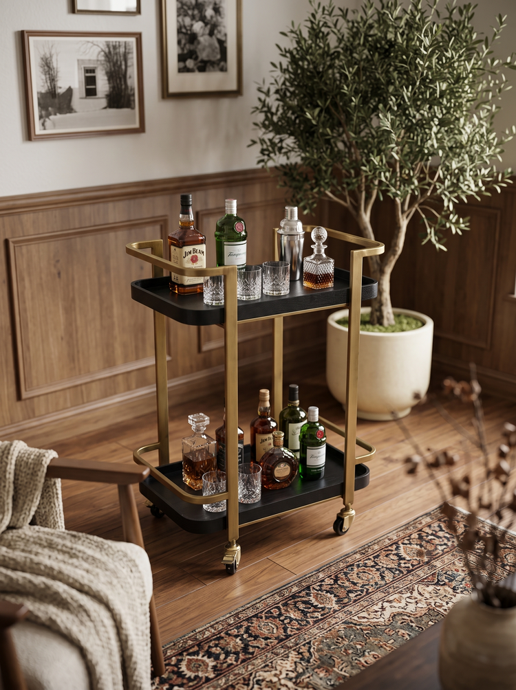Antique Brass Metal Bar Cart with Ash Wood Trays