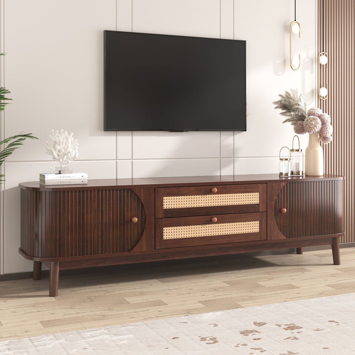 Rattan-Front Fluted Wood TV Stand — Fluted wood and rattan media console with drawers and side cabinet storage