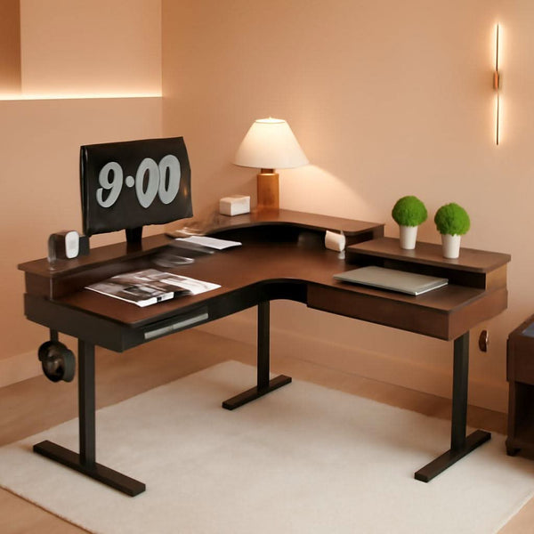 Dark Walnut L-Shape Electric Standing Desk – home office set | Roost & Roam