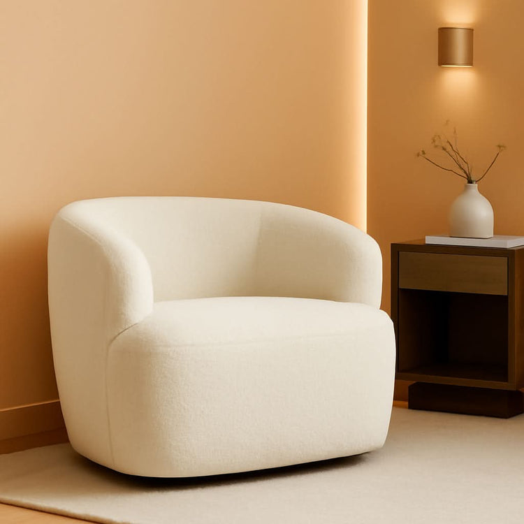 Boucle Sherpa Swivel Barrel Chair – in beige cream white | Roost & Roam
