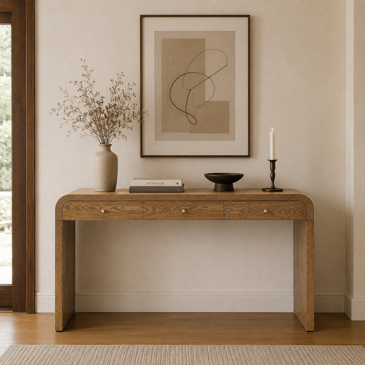 Walnut Finish Curved Console Table, 3-Drawer