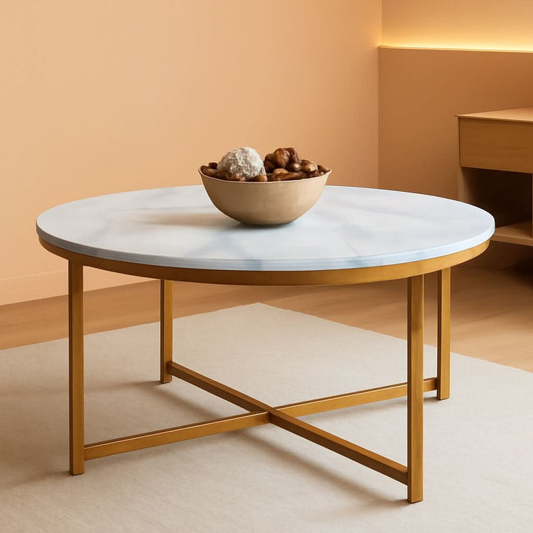 Faux Marble Cross-Leg Round Coffee Table – in gold | Roost & Roam