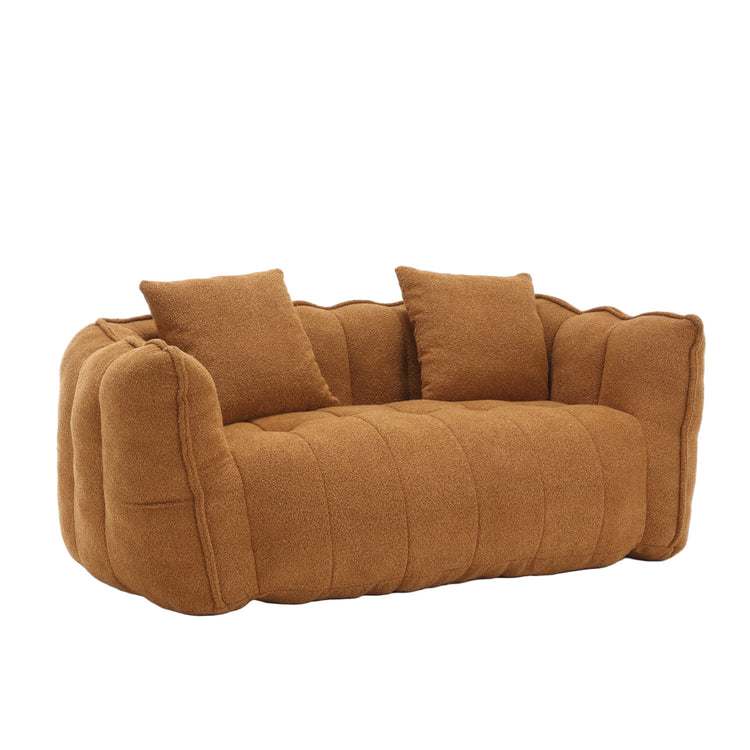 Channel-Tufted Boucle Loveseat Sofa — Rounded channel-tufted loveseat in warm boucle-texture upholstery with two cushions