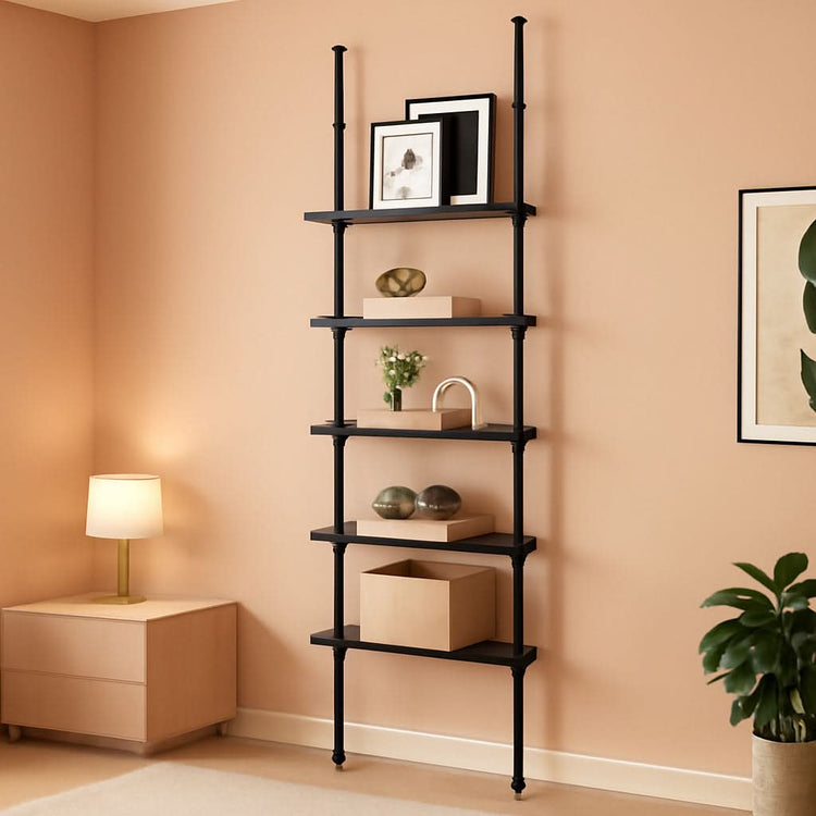 Tension-Mount Five-Tier Ladder Bookshelf – in black relief | Roost & Roam