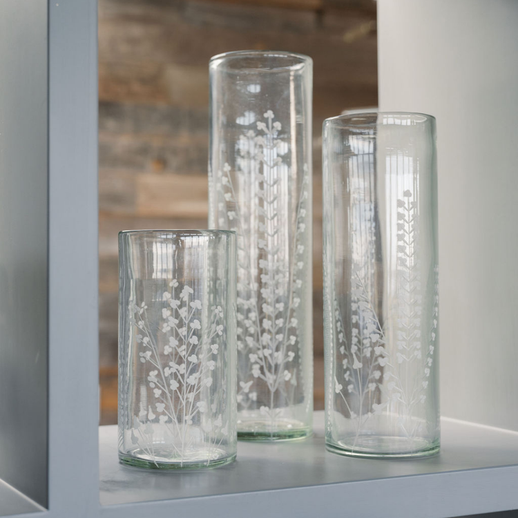 Clear Etched Glass Tall Vases, Set of