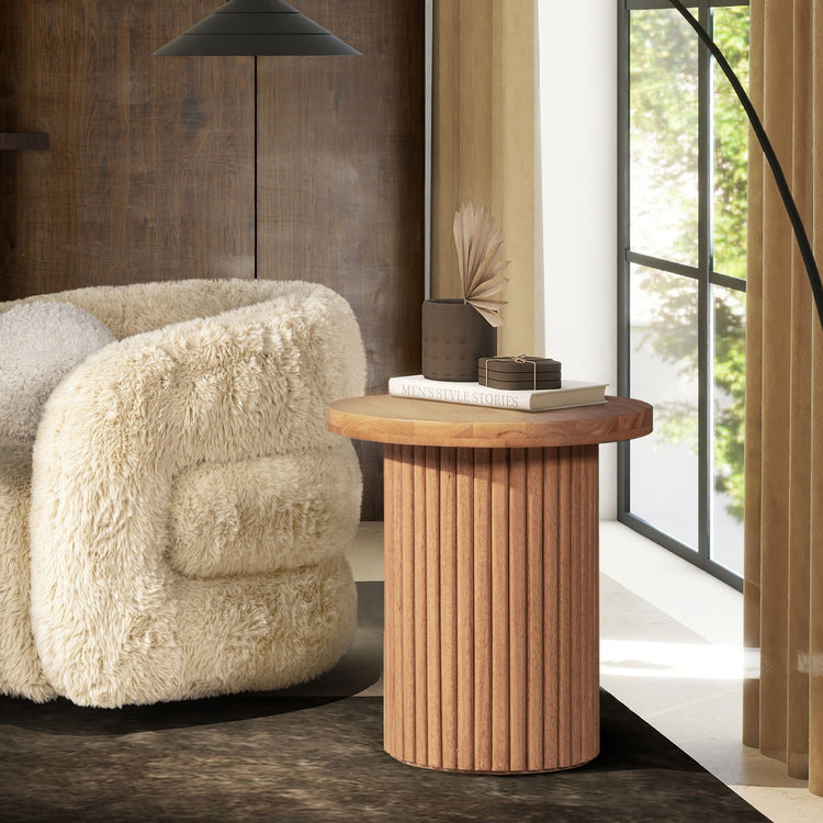 Fluted Pillar Round Wood Side Table