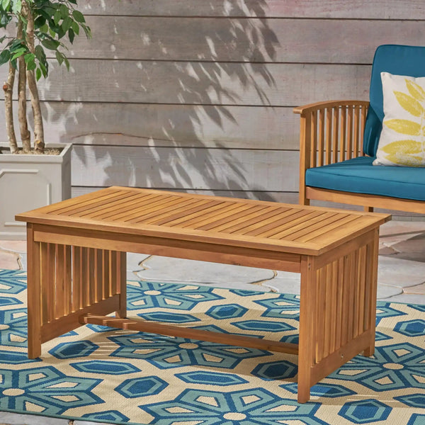 Slatted Acacia Outdoor Coffee Table — Mission-style slatted acacia coffee table for patios and decks