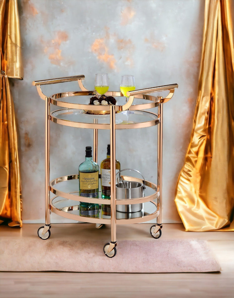 Rose Gold Glass Two-Shelf Bar Cart