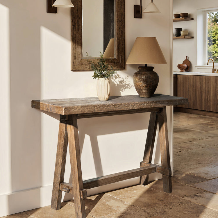 Reclaimed Elm Trestle Console Table — Reclaimed elm console with A-frame trestle base in medium-dark finish