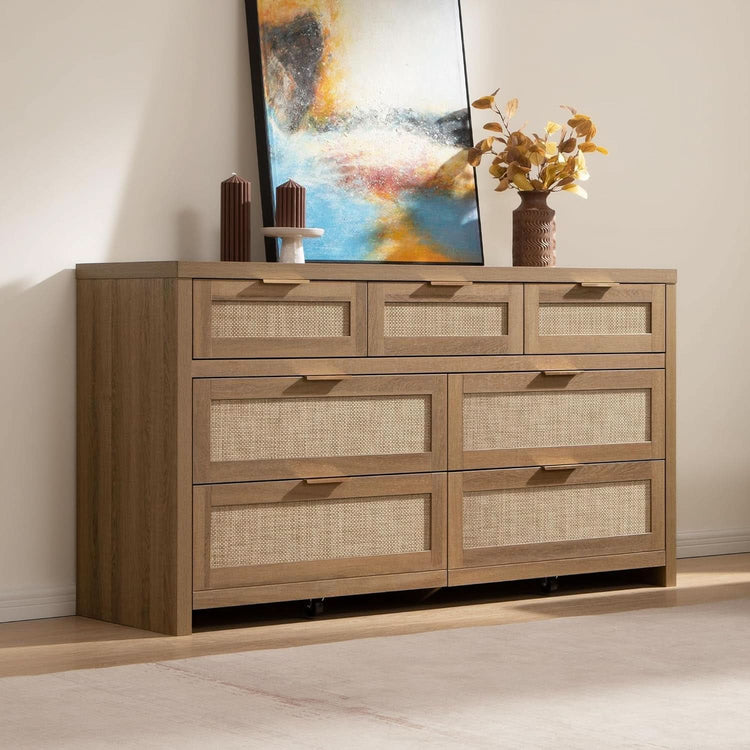 Caramel Oak Rattan-Front Dresser, 7-Drawer