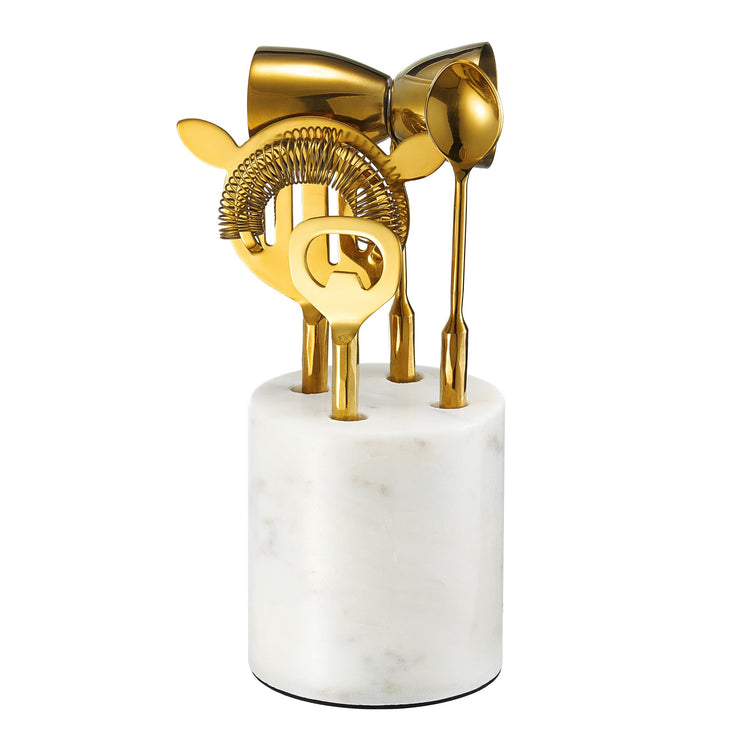 Marble and Gold Bar Tool Set styled on a marble bar cart with glassware