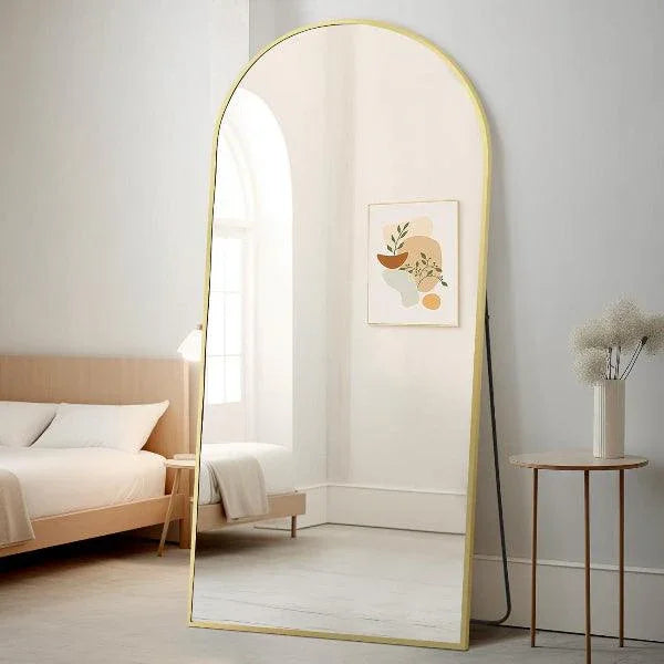 Gold Arch Full-Length Floor Mirror — Full-length arched floor mirror with slim brushed gold aluminum frame
