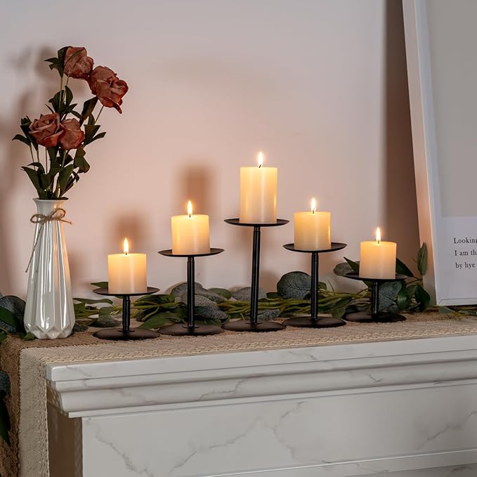 Matte Black Metal Pillar Candle Holder Set