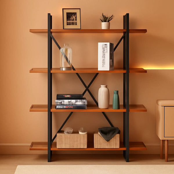 Four-Tier Wood and Metal Bookshelf – book case, in distressed brown | Roost & Roam
