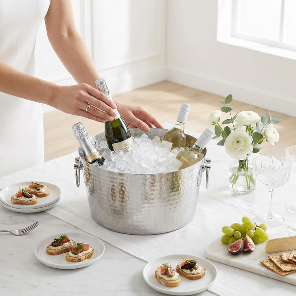 Hammered Stainless Steel Ice Bucket — Wide hammered stainless tub with ring handles for chilling bottles and ice