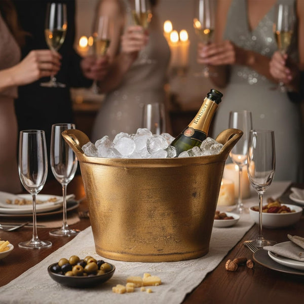 Brushed Gold Aluminum Champagne Bucket — Double-walled gold aluminum cooler, holds two bottles with room to spare