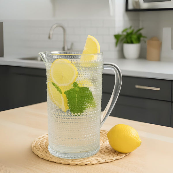 Hobnail Clear Glass Pitcher — Textured hobnail glass pitcher, 82 oz, for everyday and gathered occasions