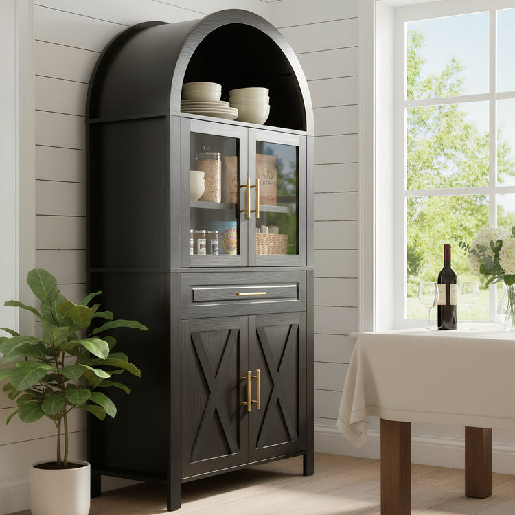 Black Arched Pantry Cabinet with Glass Doors