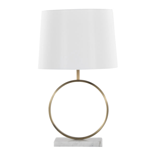 Marble Base Ring Table Lamp — Veined marble base and brass-tone ring frame with fabric shade