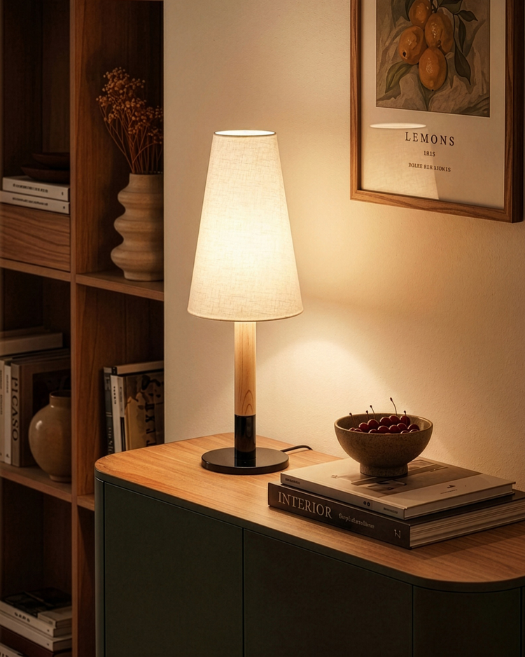 Linen Shade Wood-Stem Table Lamp