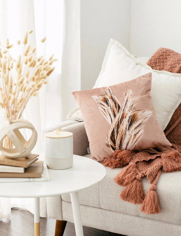 Blush Velvet Wheat-Print Throw Pillow — Blush velvet throw pillow with warm-toned wheat botanical print, 15 x 15 in