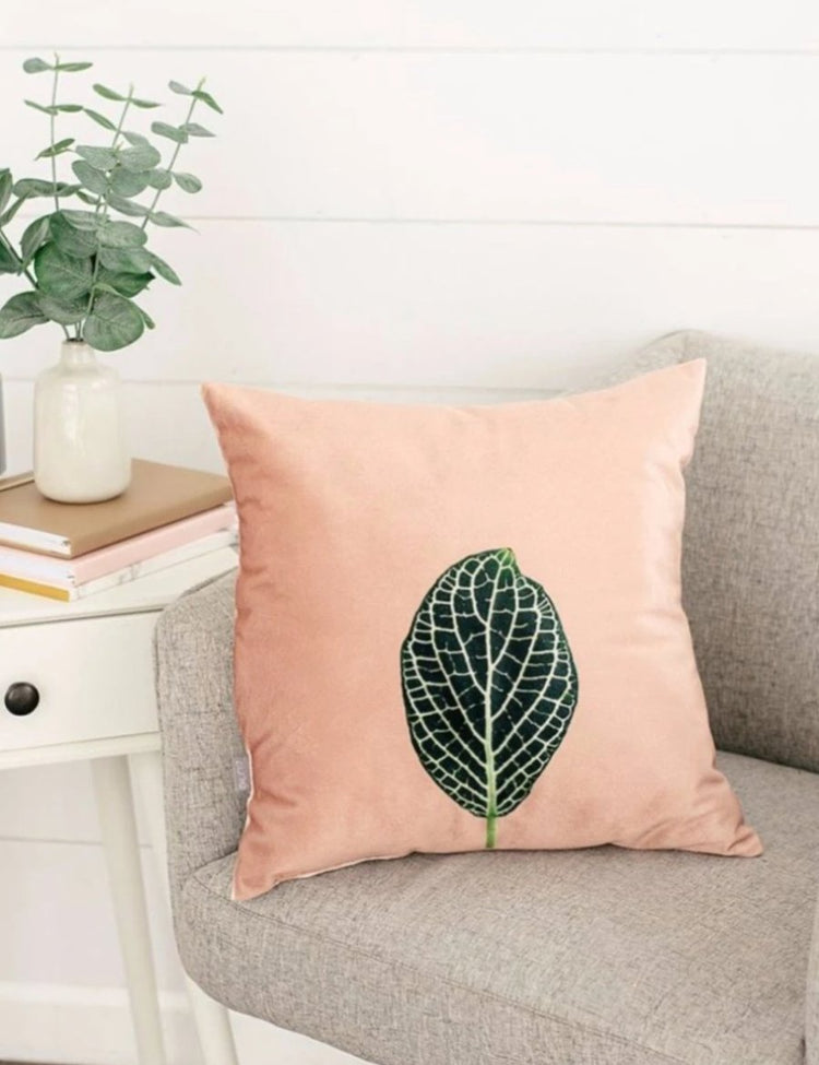Blush Velvet Mosaic Leaf Pillow — Blush velvet front, linen back, botanical mosaic leaf motif — 14 x 14 in
