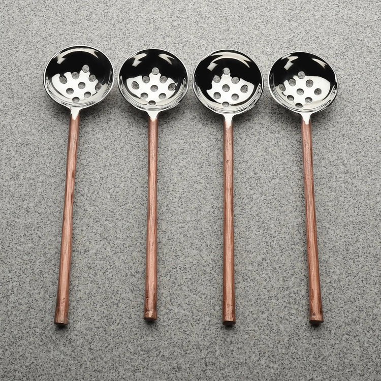 Copper-Finish Perforated Olive Spoon Set — Four perforated spoons with copper-finish handles for olives and bar snacks
