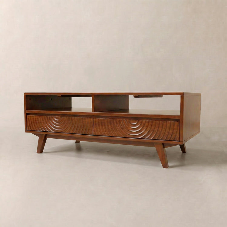 Carved Rubberwood Storage Coffee Table — Solid rubberwood coffee table with carved drawers and open shelf storage