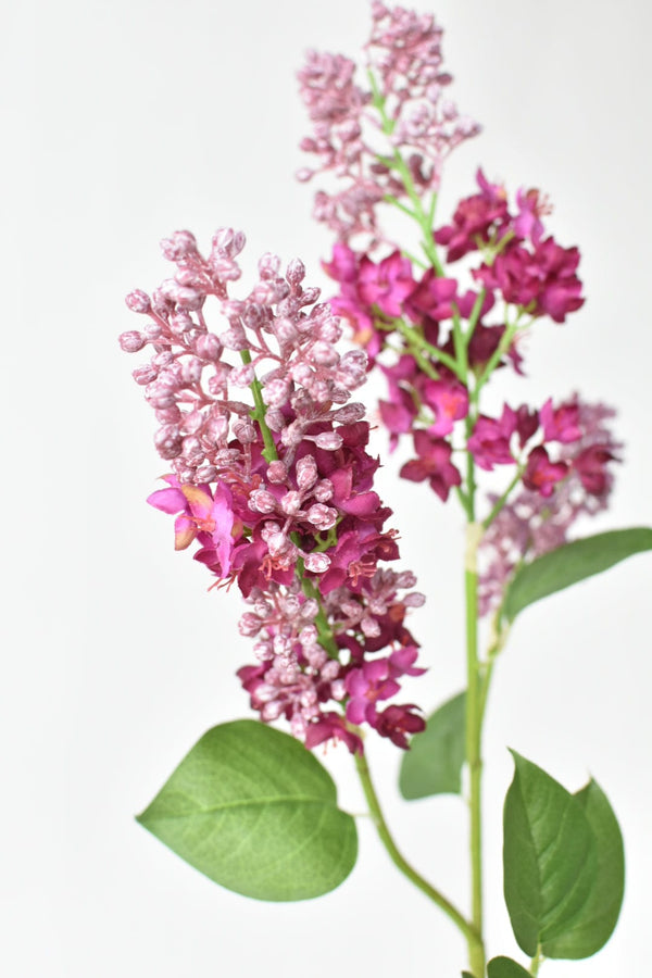 Faux Silk Lilac Floral Stem — Dual-tone silk lilac stem with open blooms and dusty bud clusters
