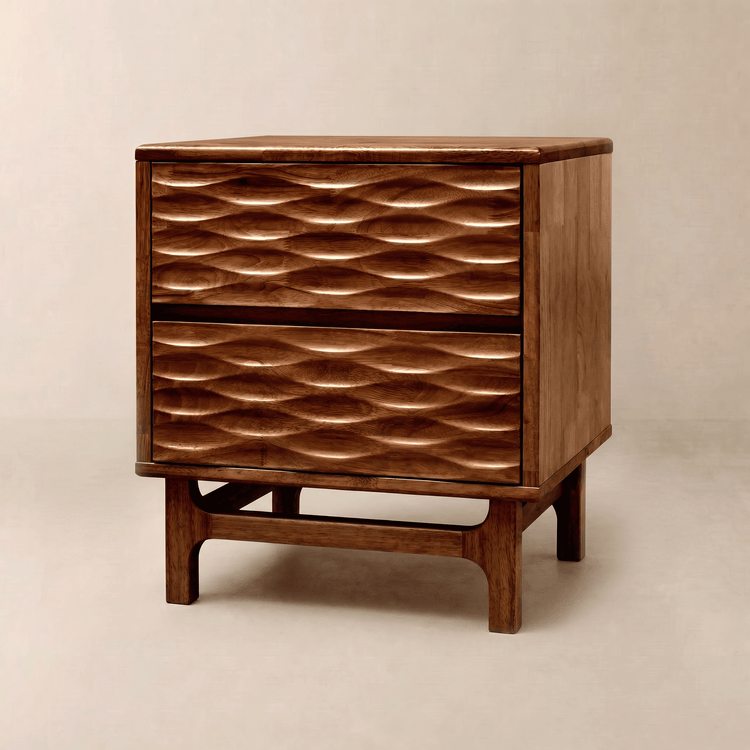 Relief-Carved Rubber Wood Nightstand — Solid rubber wood nightstand with sculptural wave-relief drawers in three finishes
