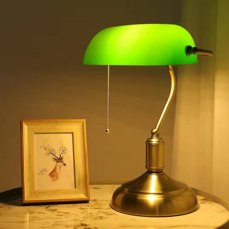 Antique Brass Bankers Lamp, Green Glass Shade