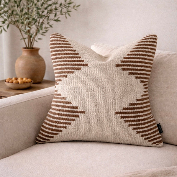 Kilim-Weave Geometric Pillow Cover — Kilim-weave pillow cover with stepped geometric motifs in cream and warm brown