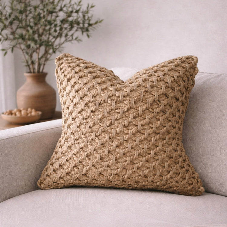 Braided Jute Woven Pillow Cover — Hand-braided jute lattice cover in warm tan, available in sets of up to four