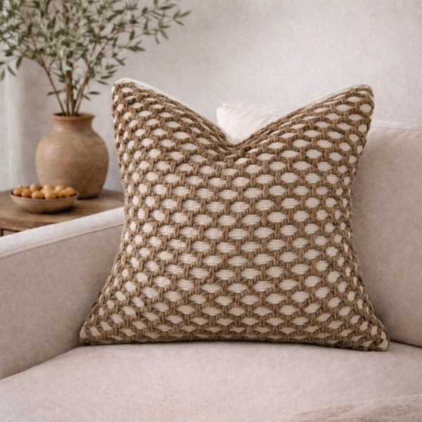 Braided Jute Woven Pillow Cover — Open-lattice jute braid over ivory cotton — earthy texture, neutral palette