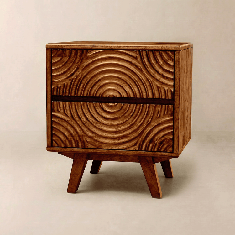 Carved Wood Two-Drawer Nightstand — Solid wood nightstand with hand-carved drawer fronts and angled mid-century legs
