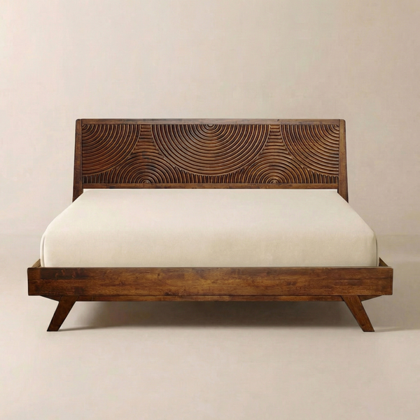 Carved Rubber Wood Platform Bed Frame — Low-profile carved wood bed frame in three warm wood-tone finishes