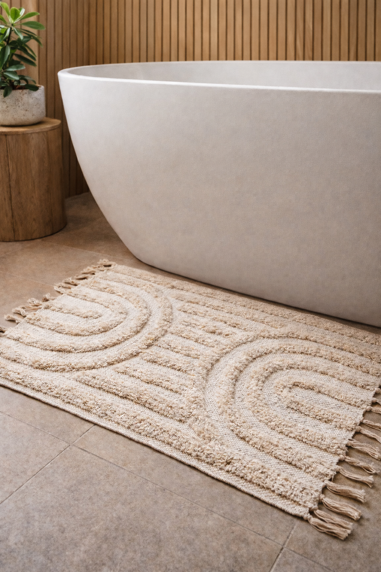 Tufted Cotton Arch Bath Rug — Hand-tufted cotton bath rug with raised arch motif and knotted fringe