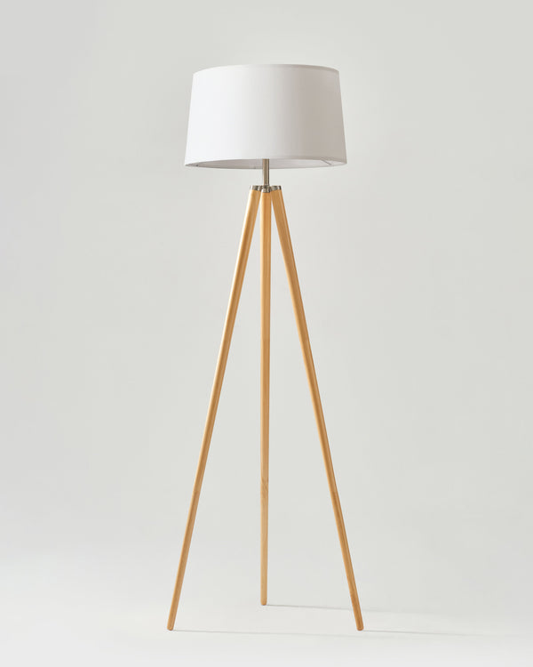 Linen Shade Tripod Floor Lamp — Tapered tripod floor lamp with fabric shade and warm wood-finish legs