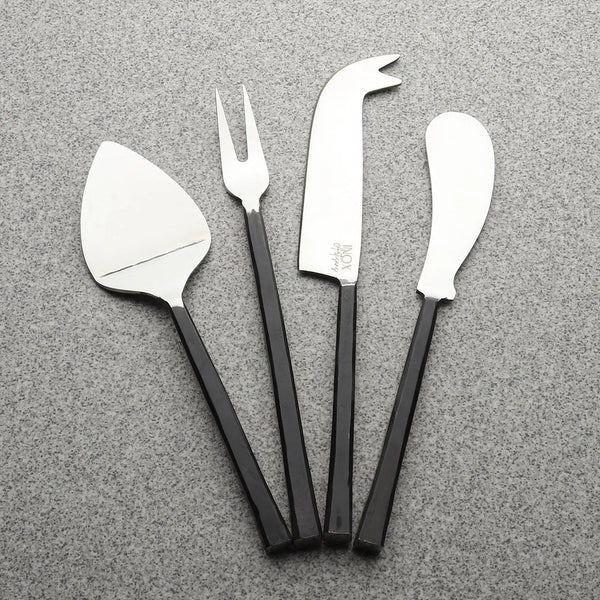 Matte-Handle Steel Cheese Tool Set — Four-piece stainless set with dark faceted handles for slicing and serving cheese