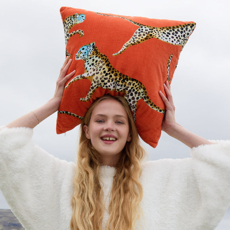 Cotton Velvet Leaping Leopard Pillow
