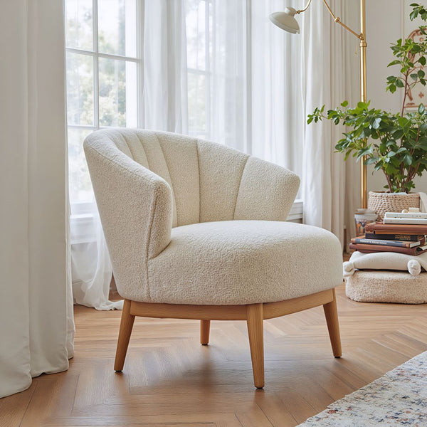 Boucle Channel-Back Accent Chair — Rounded boucle tub chair with channel back and ash-tone wood base