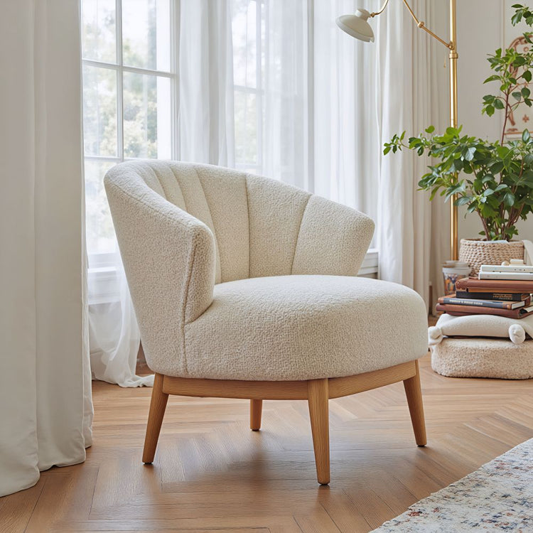 Boucle Channel-Back Accent Chair — Rounded boucle tub chair with channel back and ash-tone wood base