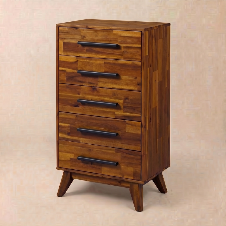 Mid-Century Solid Wood Tall Dresser — Solid wood tall chest with five drawers and splayed mid-century legs