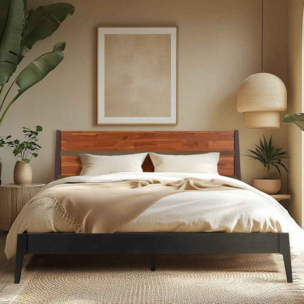 Acacia Wood-Grain Platform Bed Frame styled with linen bedding in a warm bedroom